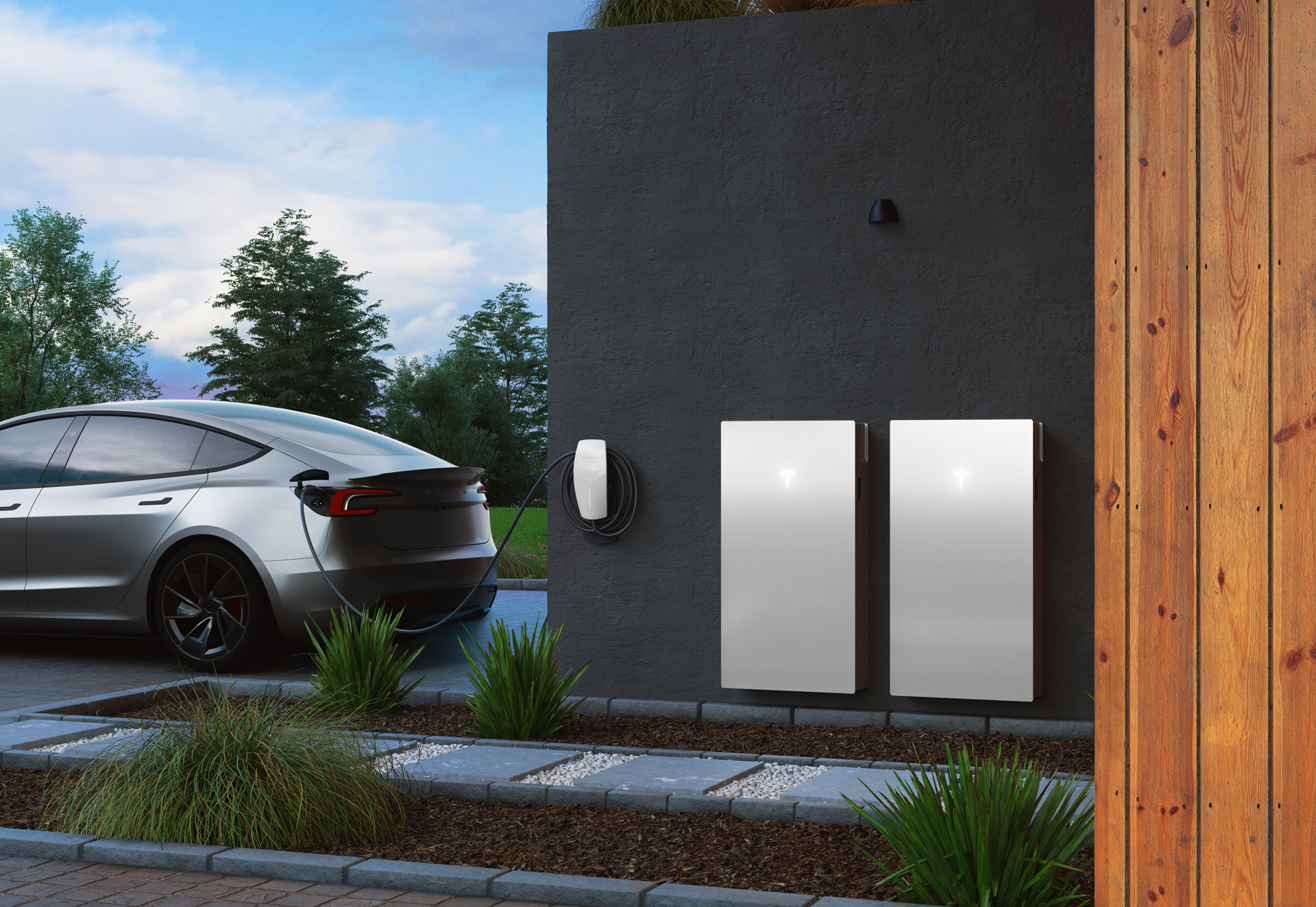 Tesla Powerwall battery units mounted on a home exterior wall, with an EV charging nearby