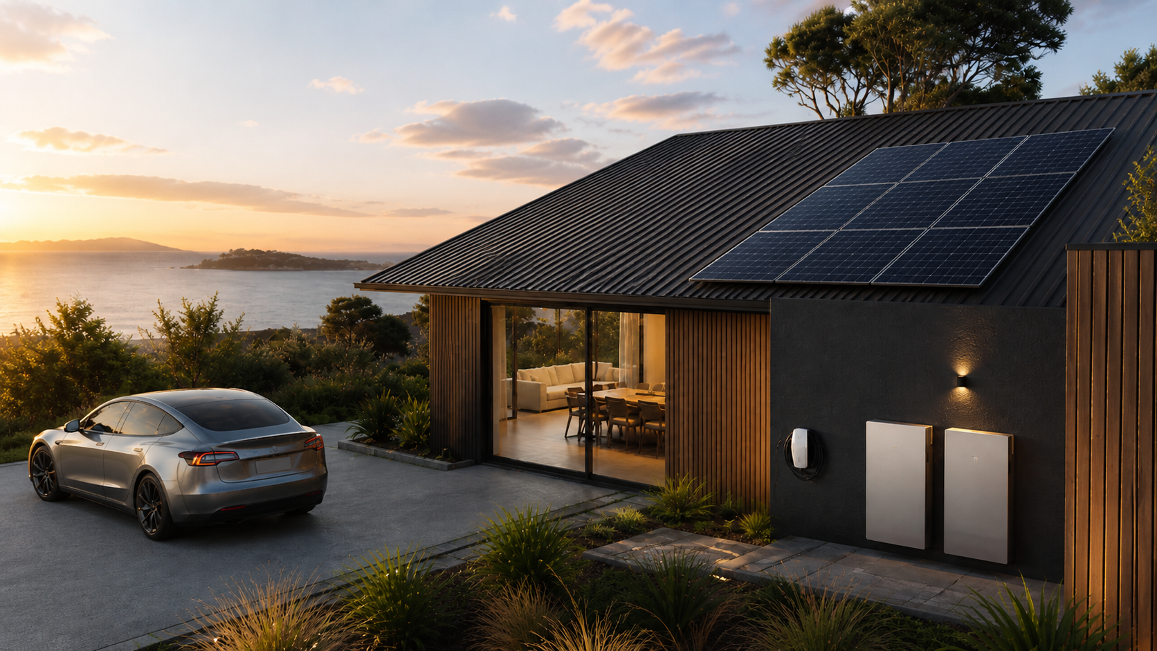 Coastal home at sunset with solar panels on the roof, EV in the driveway and Powerwall batteries on the side wall